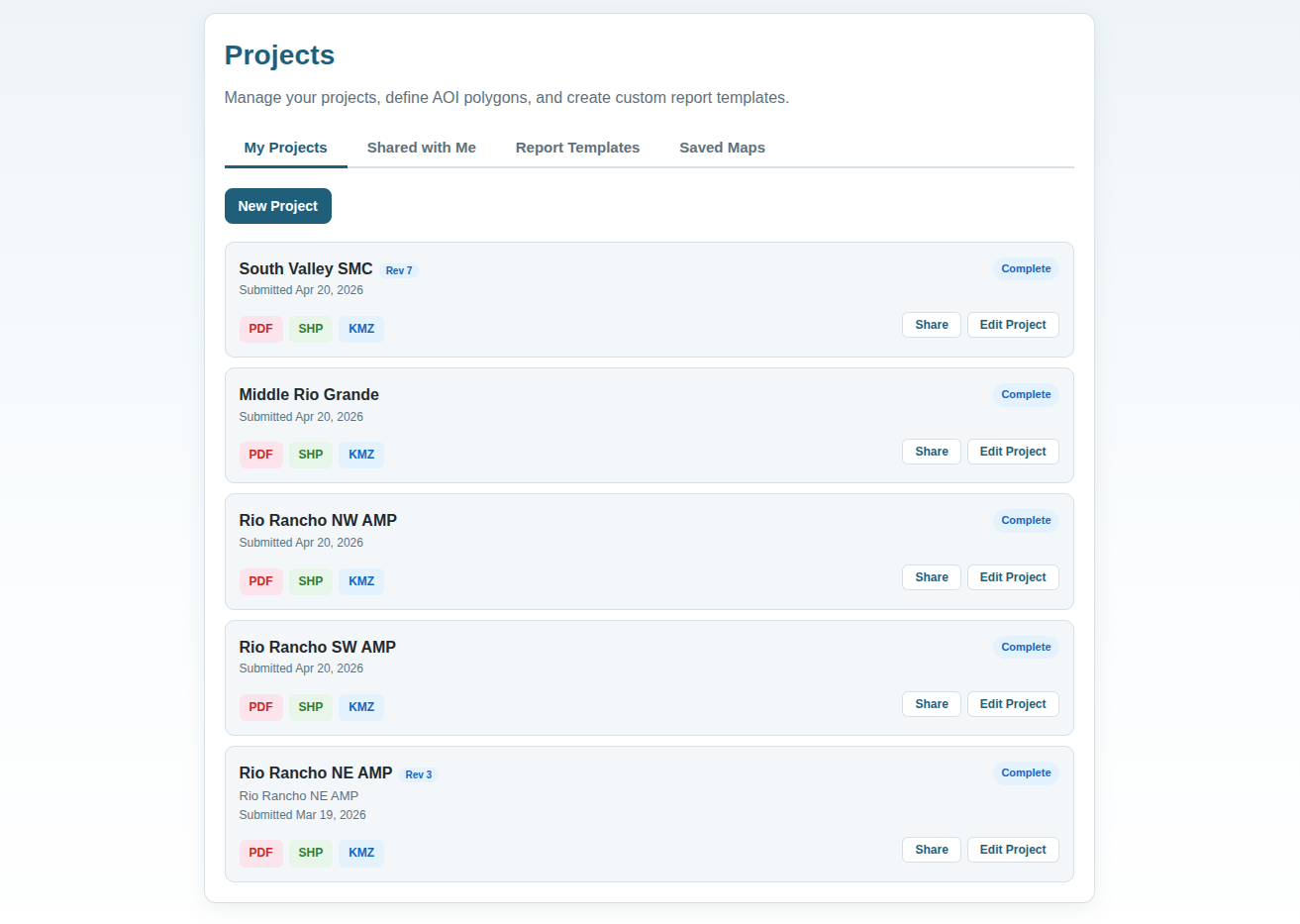 My Projects tabs