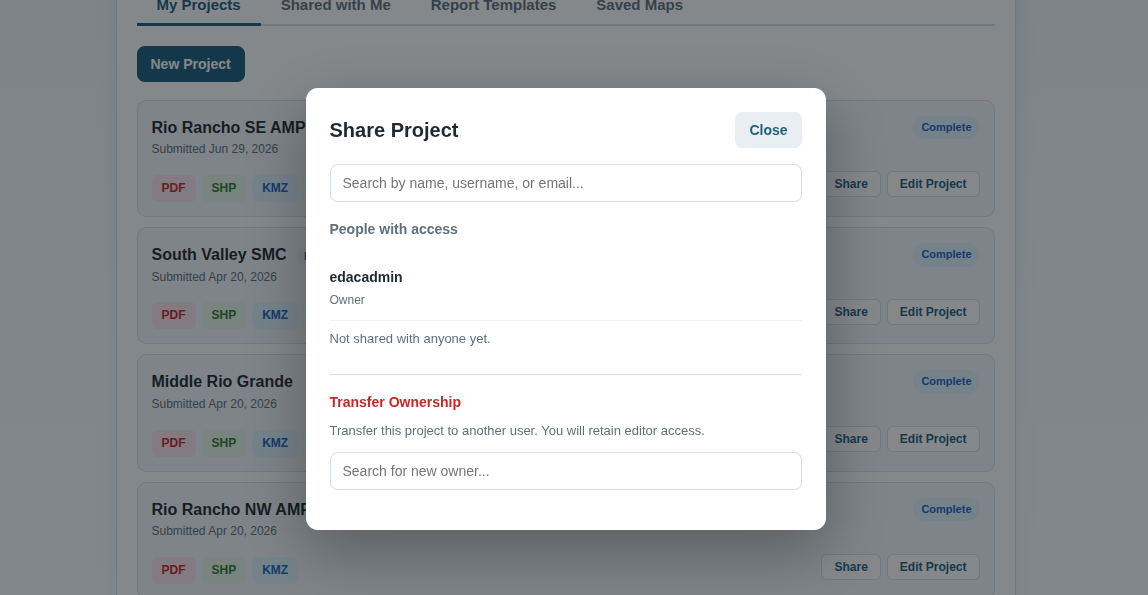 Share project dialog
